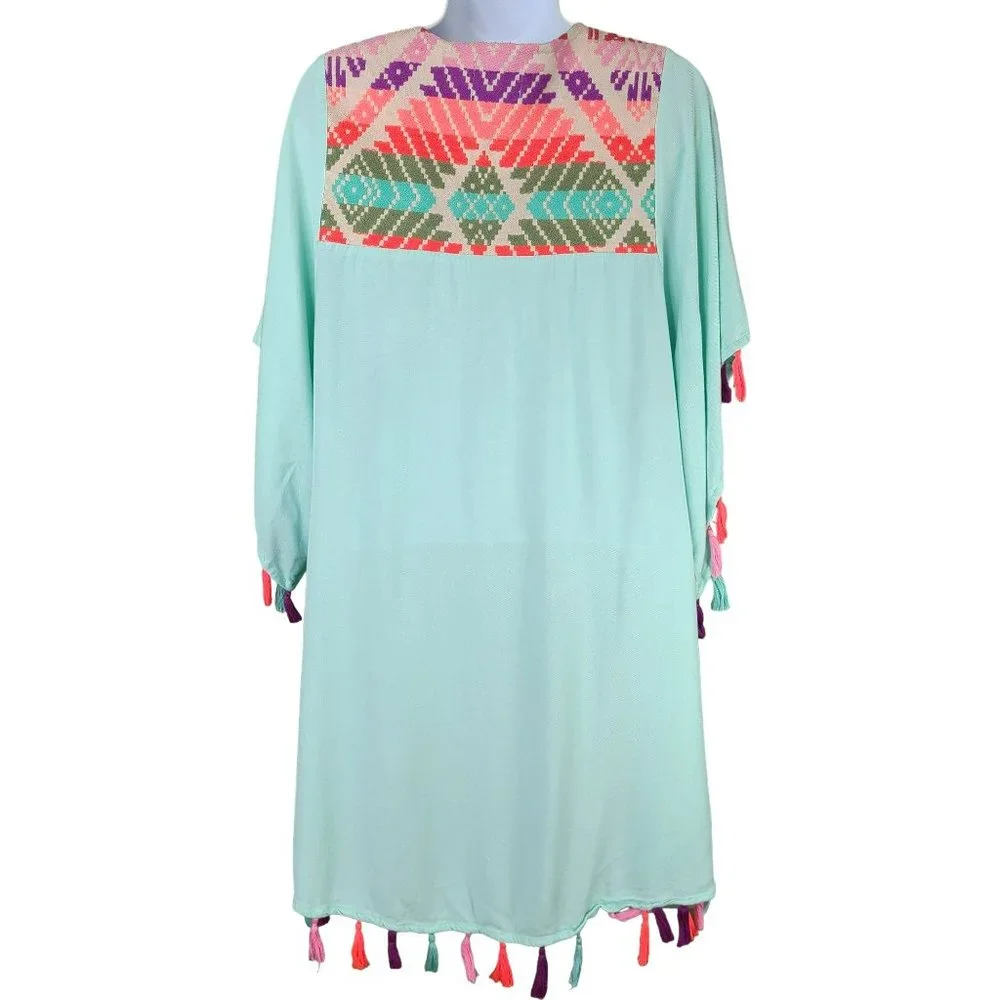 Judith March Wmns LG Kimono Topper Coverup Aztec Print Pastel Embroidered Tassel - Picture 3 of 9